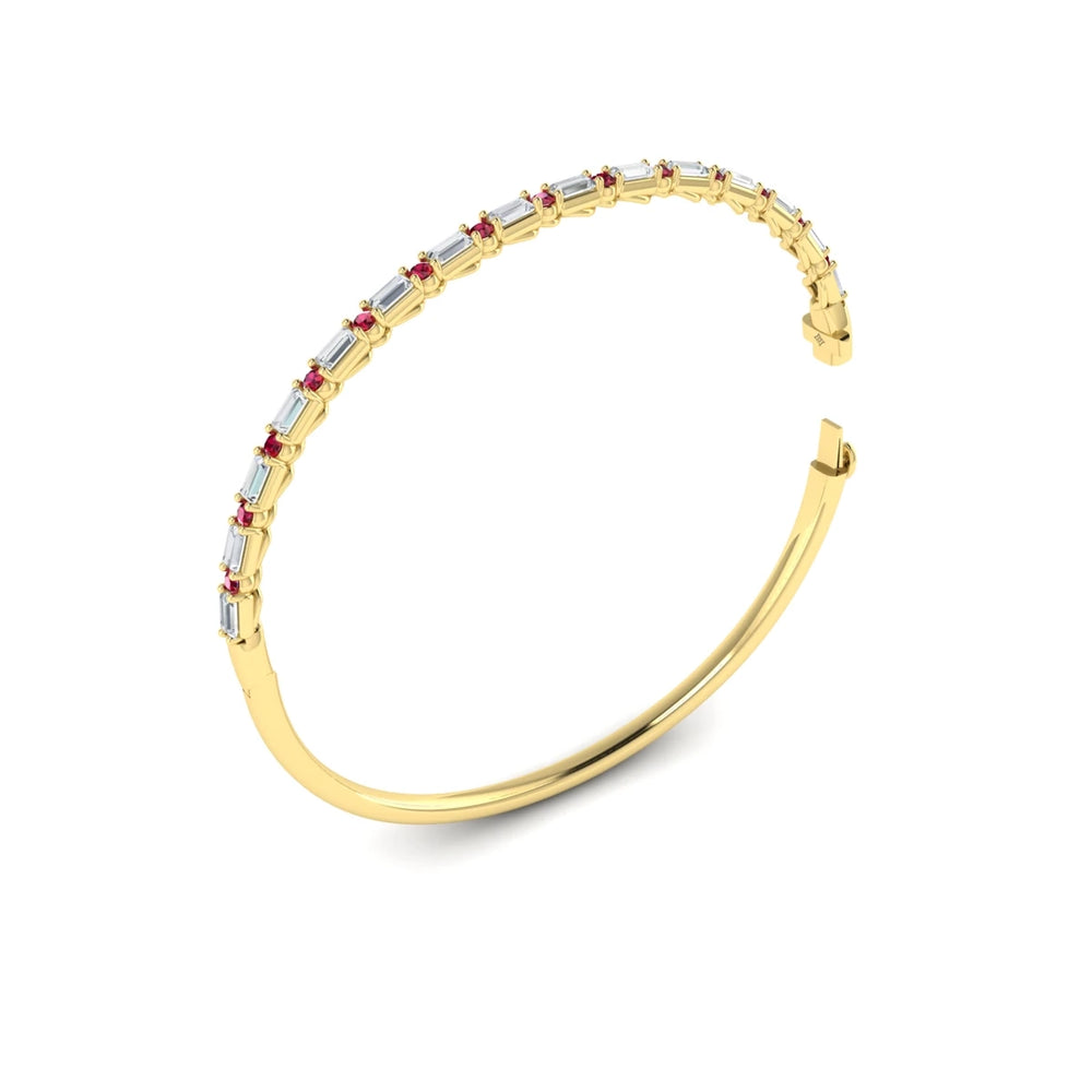 Diamond Baguette and Ruby Hinged Bangle Yellow Gold
