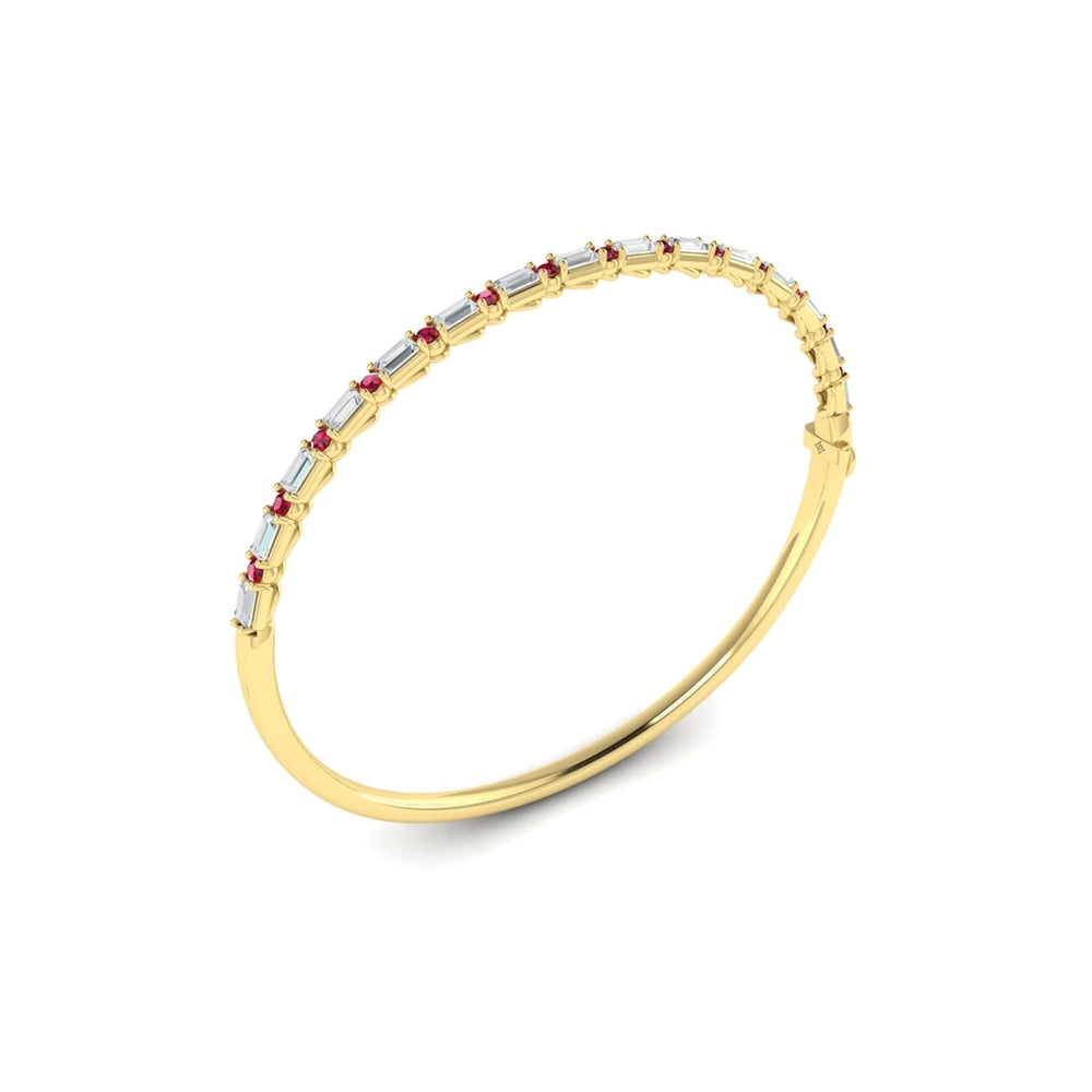 Diamond Baguette and Ruby Hinged Bangle Yellow Gold