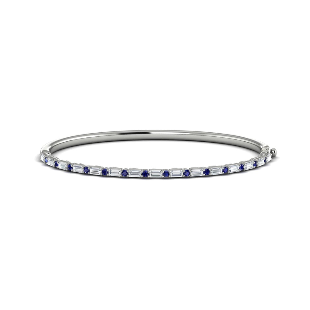 Diamond Baguette and Blue Sapphire Hinged Bangle White Gold
