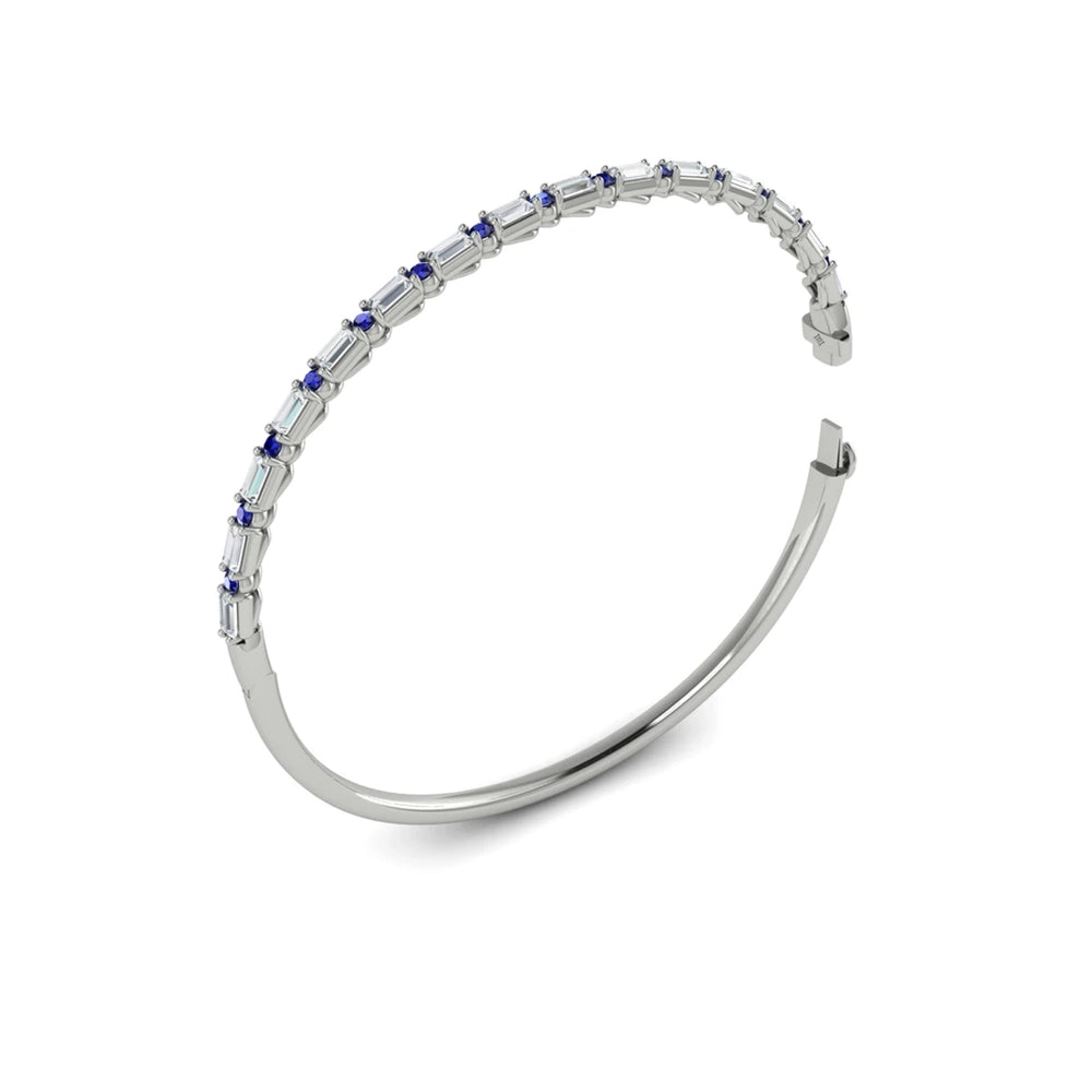 Diamond Baguette and Blue Sapphire Hinged Bangle White Gold