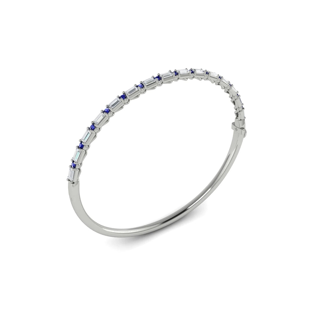 Diamond Baguette and Blue Sapphire Hinged Bangle White Gold