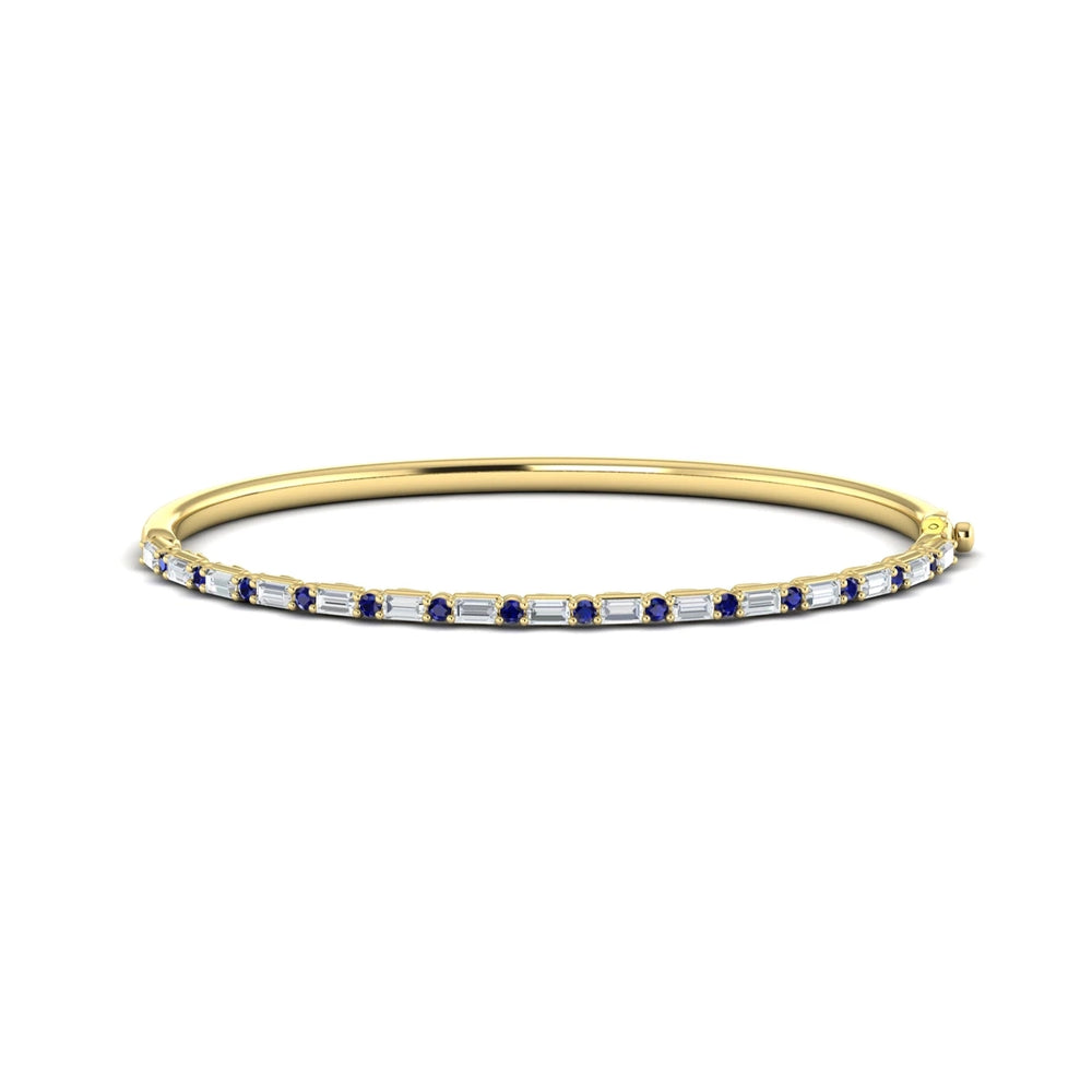 Diamond Baguette and Blue Sapphire Hinged Bangle Yellow Gold