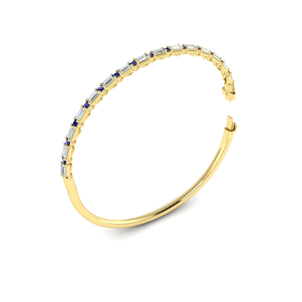Diamond Baguette and Blue Sapphire Hinged Bangle Yellow Gold