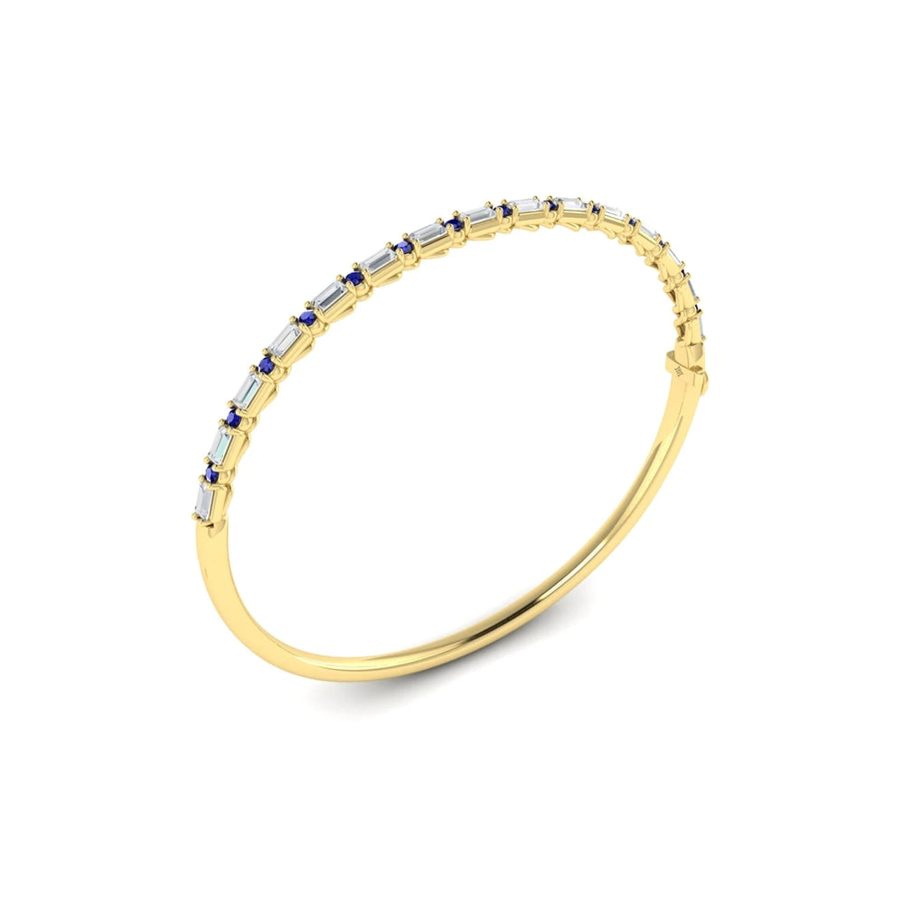 Diamond Baguette and Blue Sapphire Hinged Bangle Yellow Gold