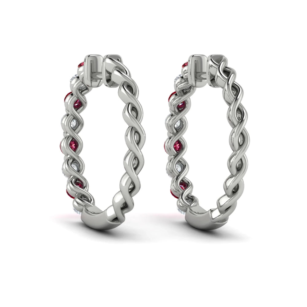 Diamond and Ruby  Twist Hoop Earrings Platinum