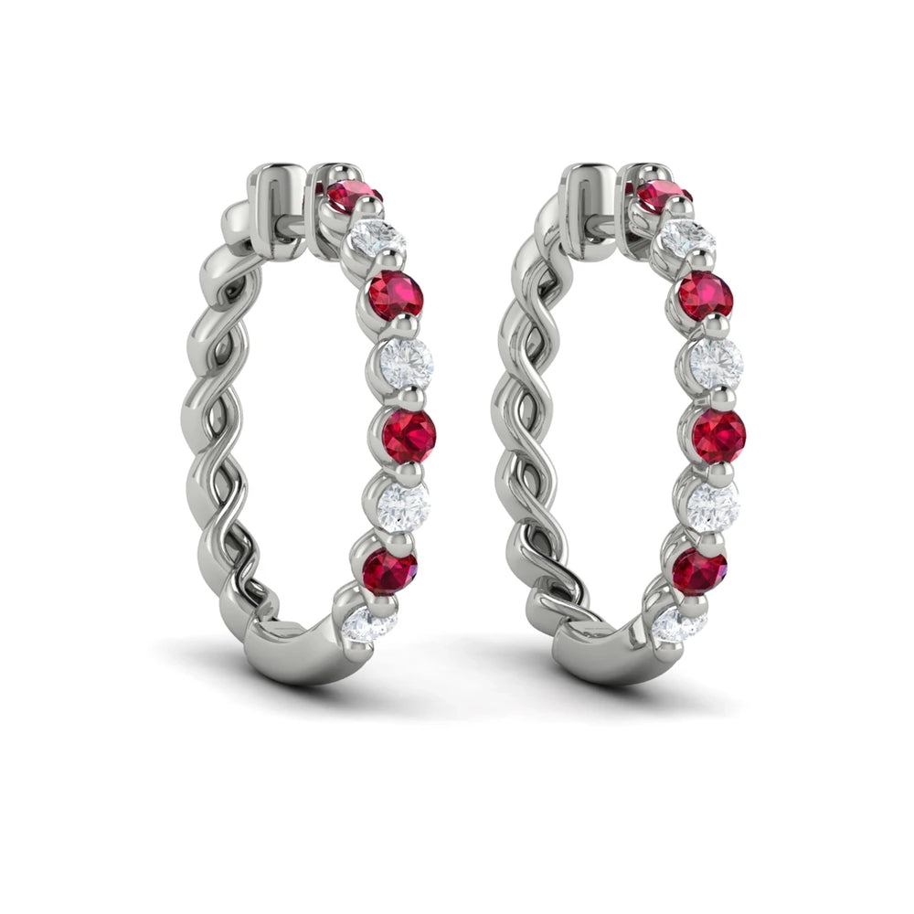 Diamond and Ruby  Twist Hoop Earrings White Gold