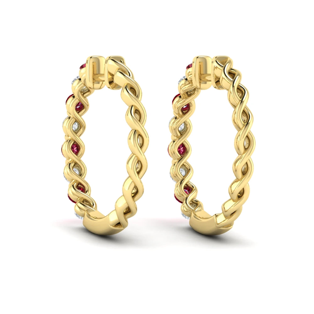Diamond and Ruby  Twist Hoop Earrings Yellow Gold