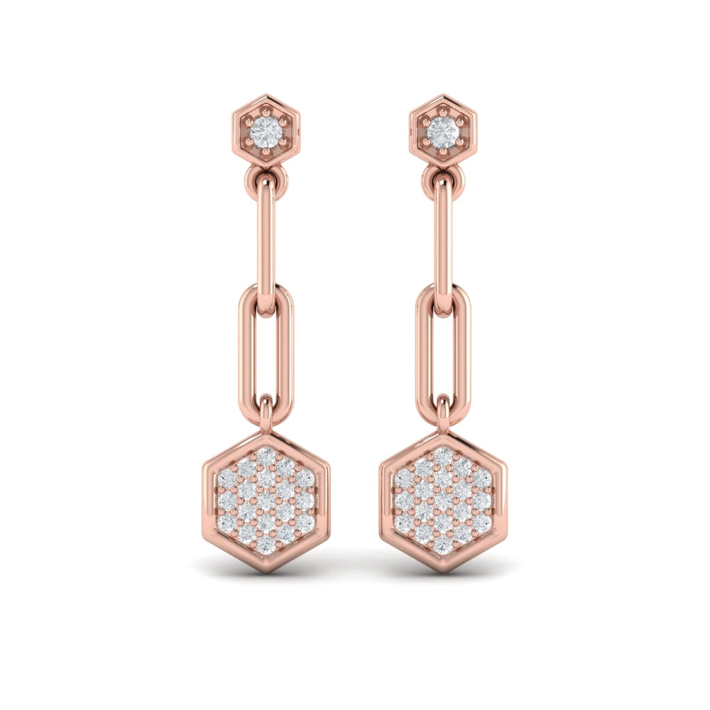 Diamond Honeycomb Link Long Drop Statement Earrings Rose Gold