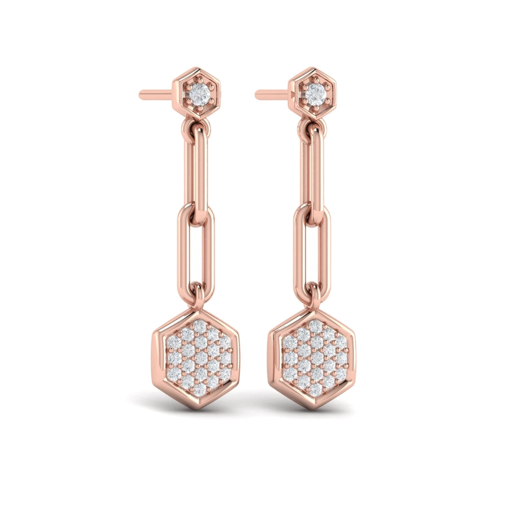 Diamond Honeycomb Link Long Drop Statement Earrings Rose Gold