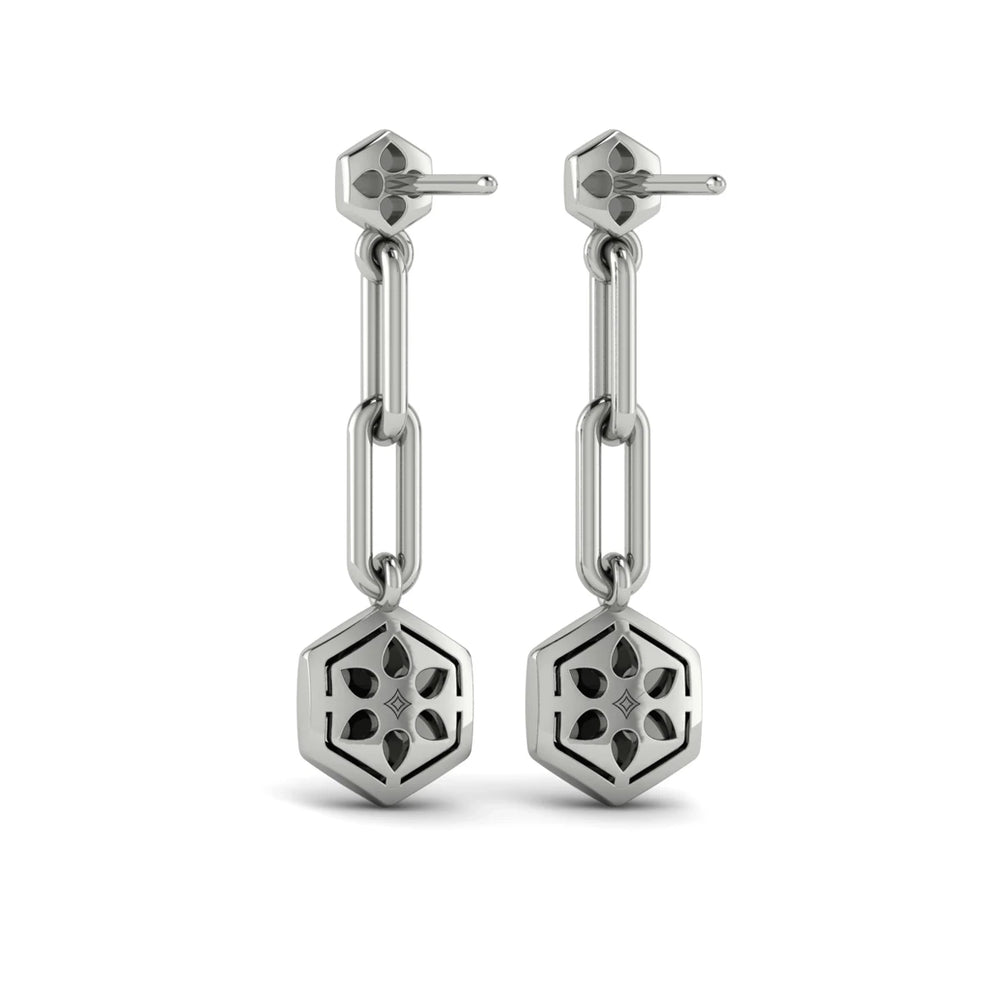 Diamond Honeycomb Link Long Drop Statement Earrings White Gold