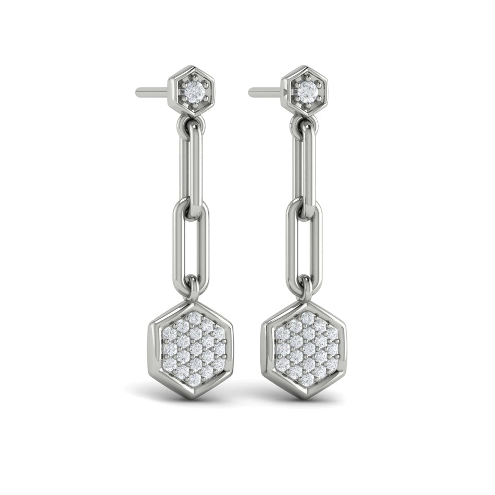 Diamond Honeycomb Link Long Drop Statement Earrings Platinum