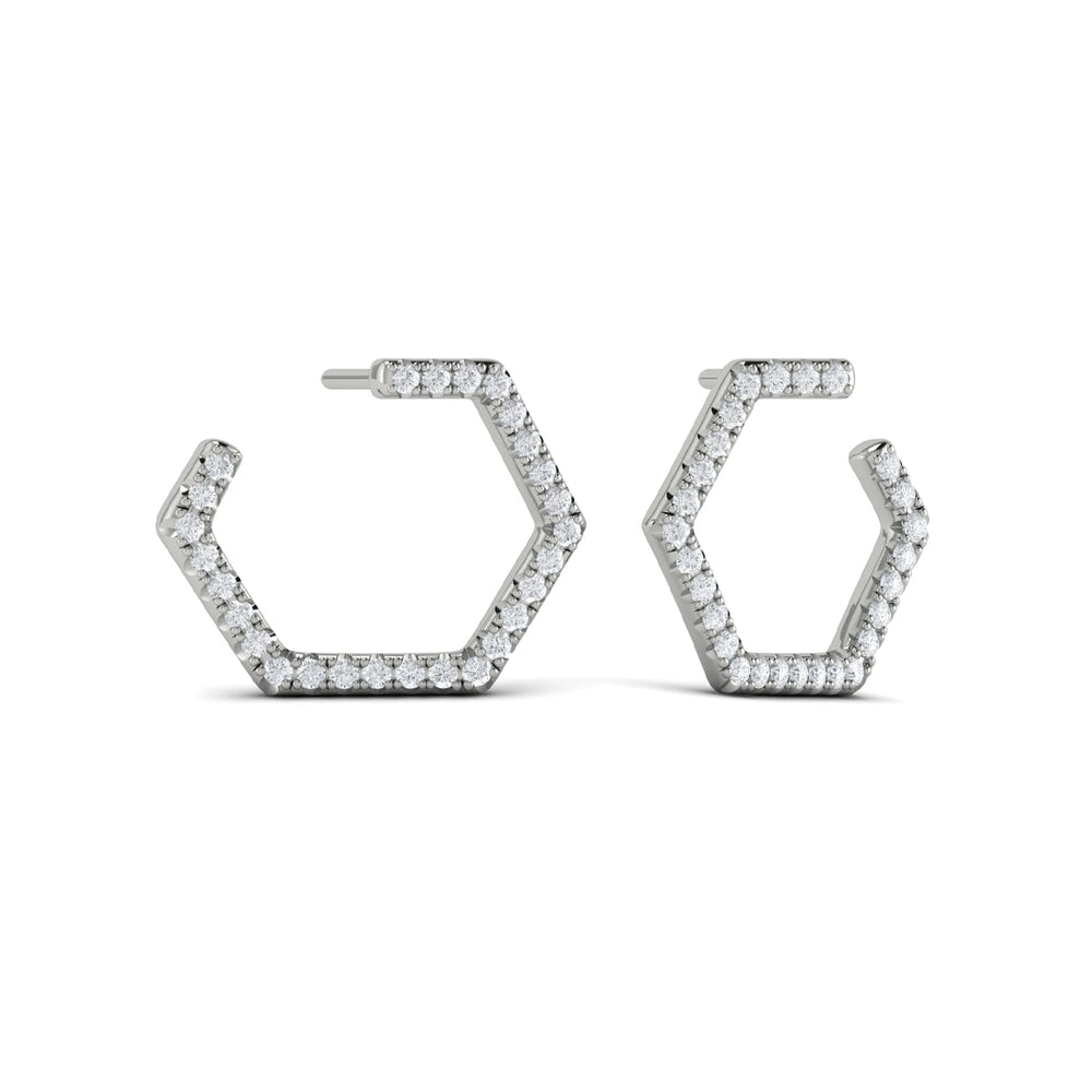 Diamond Forward-Facing Honeycomb Open Hoop Earrings White Gold