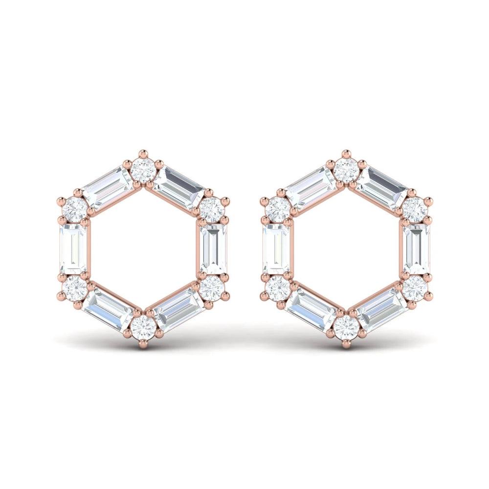Diamond Baguette Open Honeycomb Stud Earrings Rose Gold