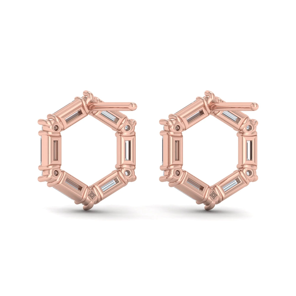 Diamond Baguette Open Honeycomb Stud Earrings Rose Gold