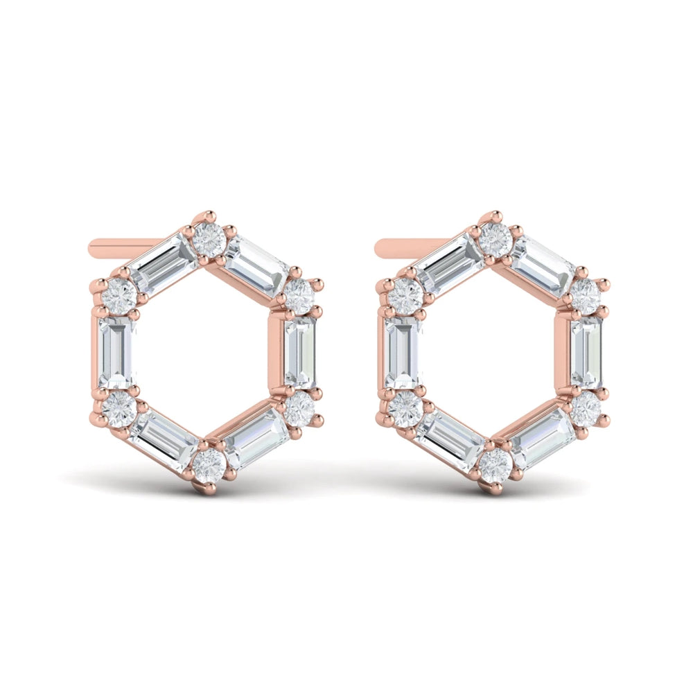 Diamond Baguette Open Honeycomb Stud Earrings Rose Gold