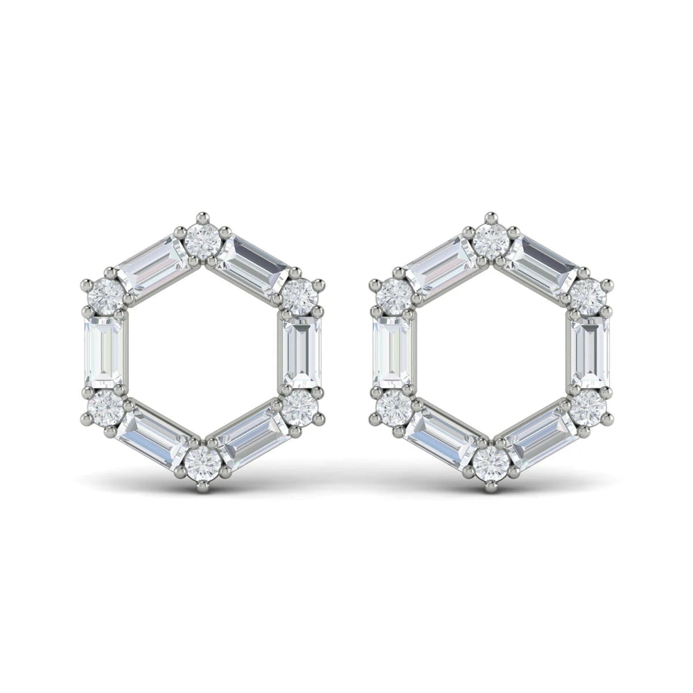 Diamond Baguette Open Honeycomb Stud Earrings Platinum