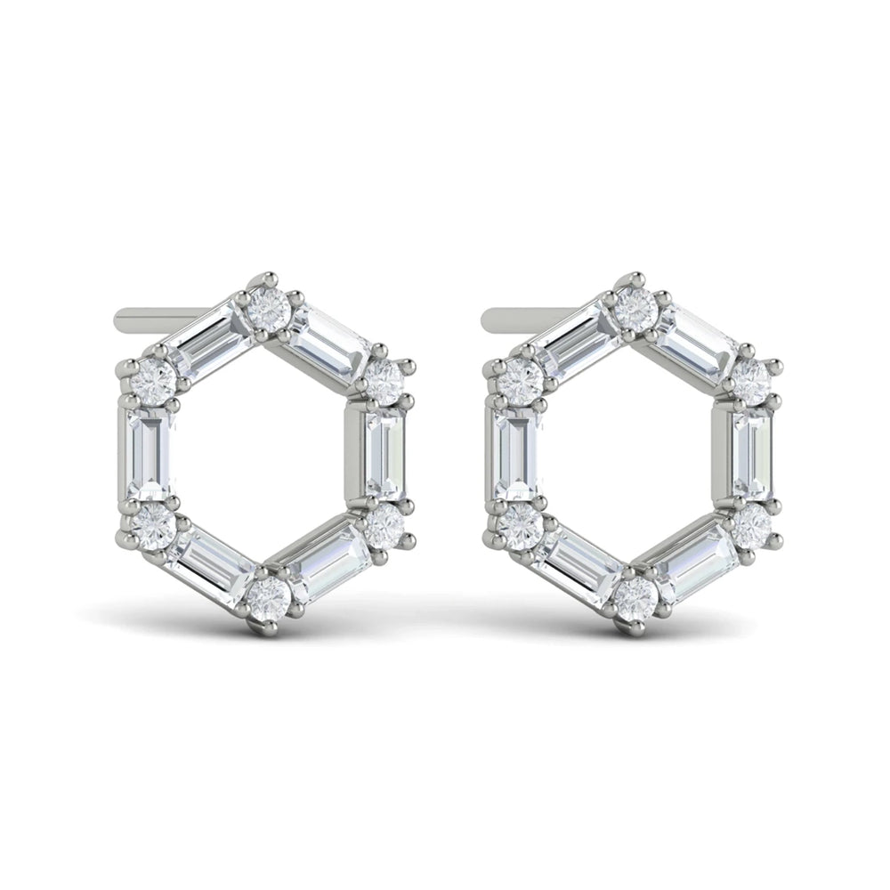 Diamond Baguette Open Honeycomb Stud Earrings Platinum
