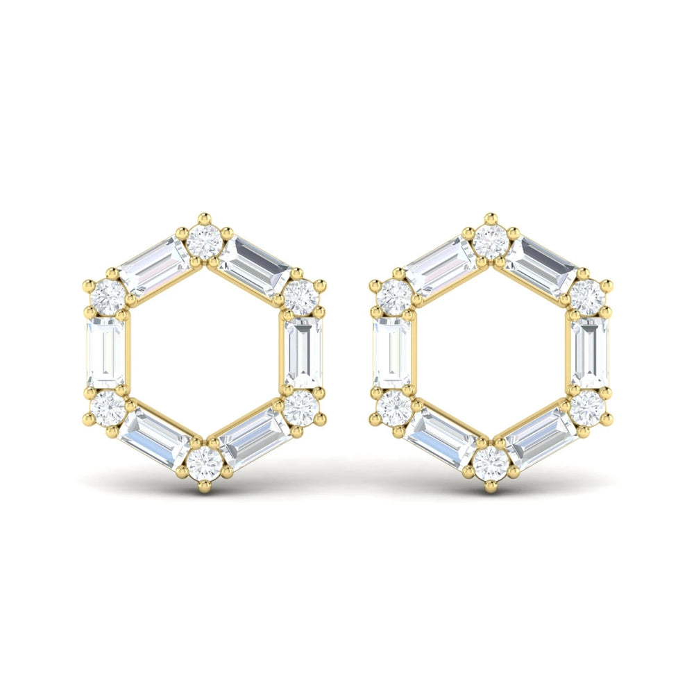 Diamond Baguette Open Honeycomb Stud Earrings Yellow Gold