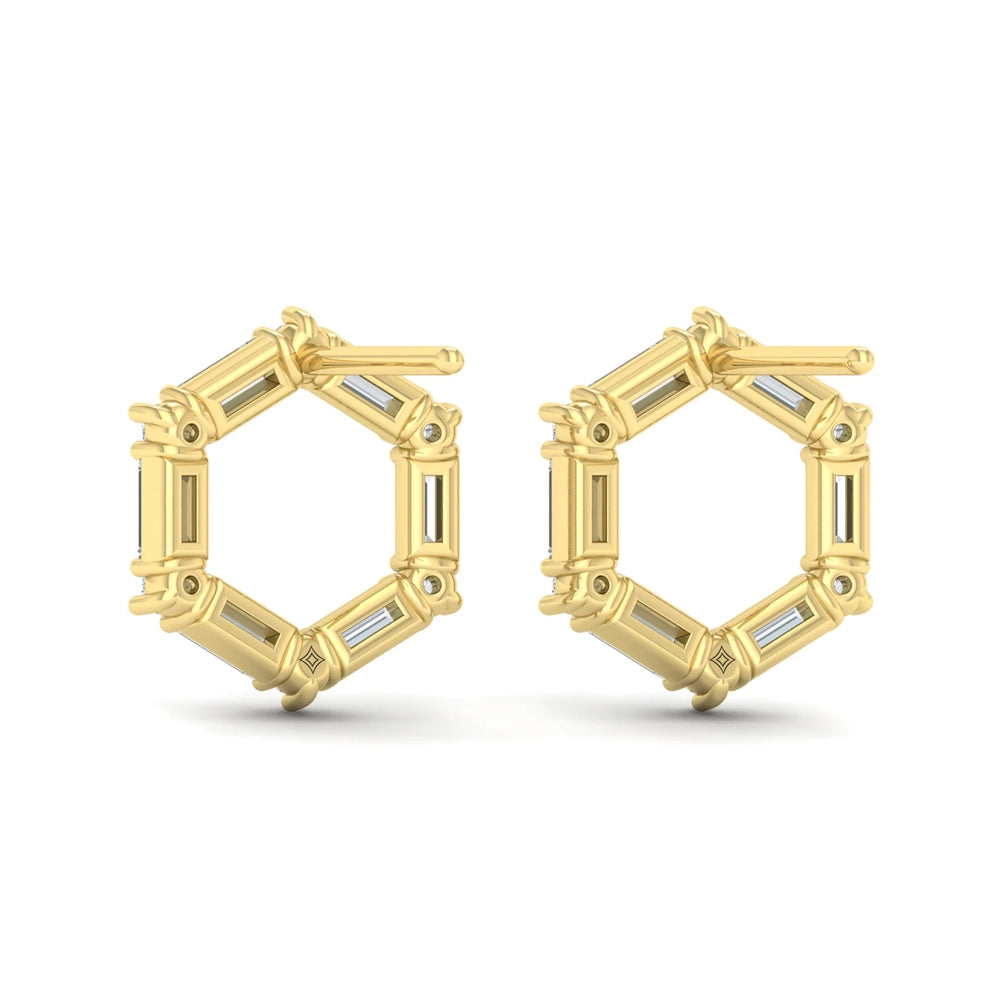 Diamond Baguette Open Honeycomb Stud Earrings Yellow Gold