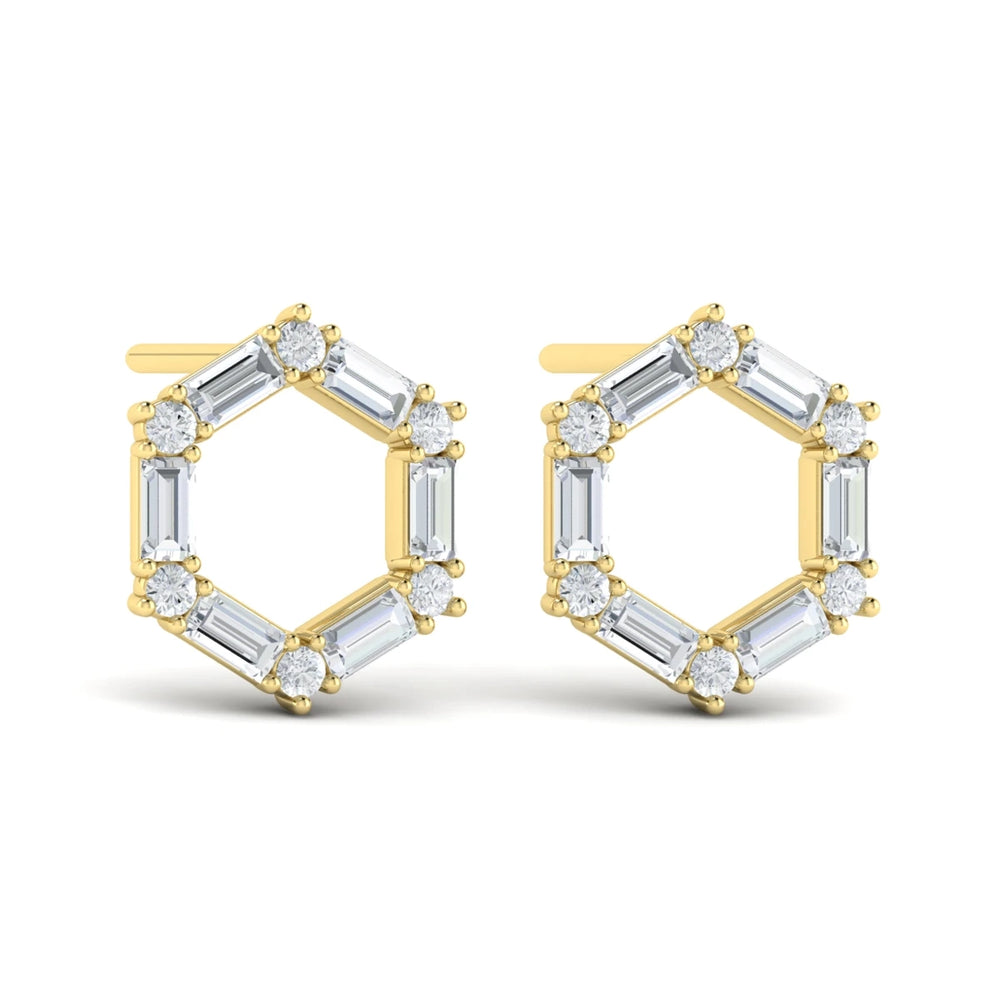 Diamond Baguette Open Honeycomb Stud Earrings Yellow Gold