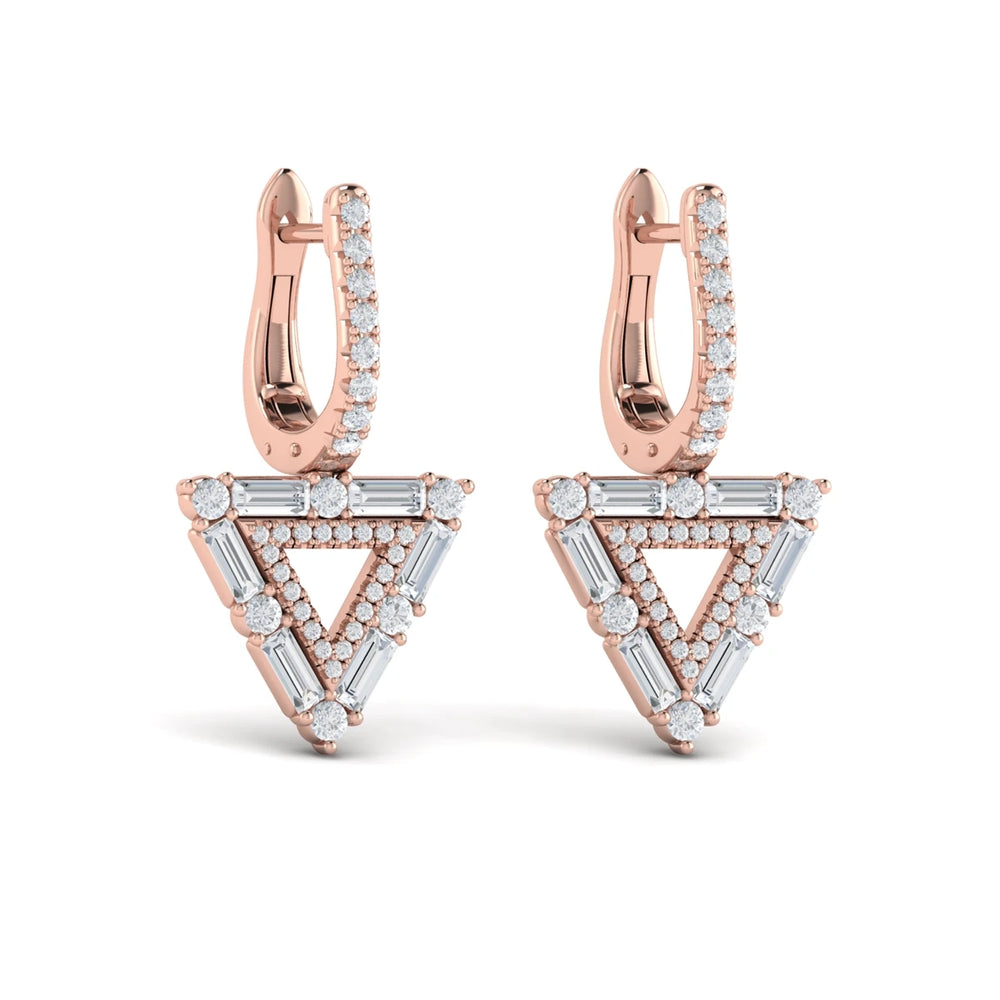 Diamond Baguette Double Trinity Huggie Earrings Rose Gold