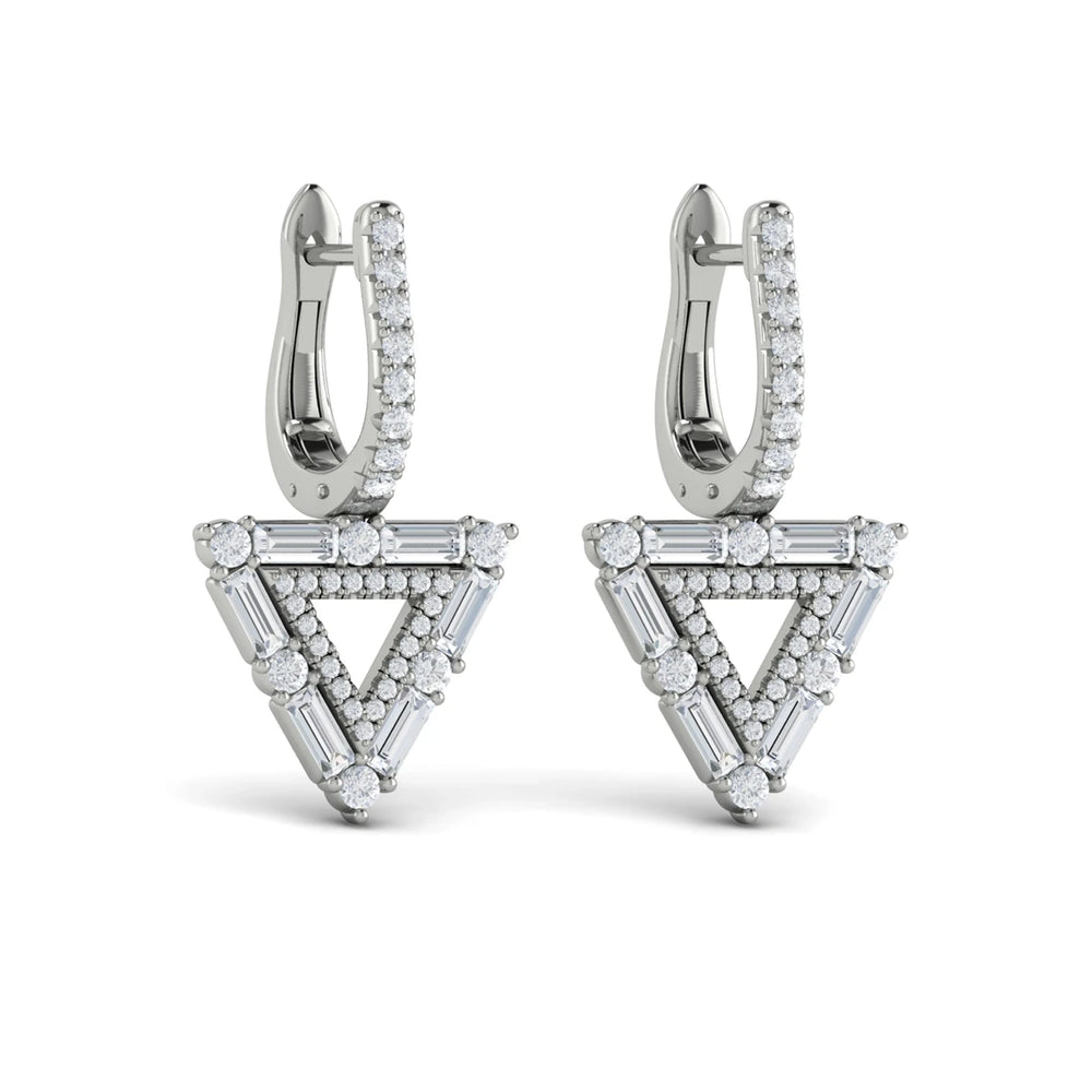 Diamond Baguette Double Trinity Huggie Earrings White Gold