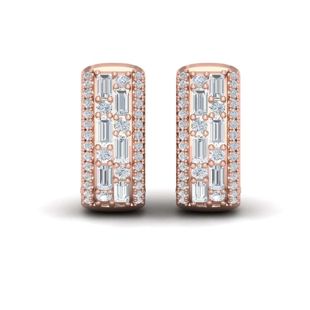 Diamond Baguette Multi Row Huggie Earrings Rose Gold