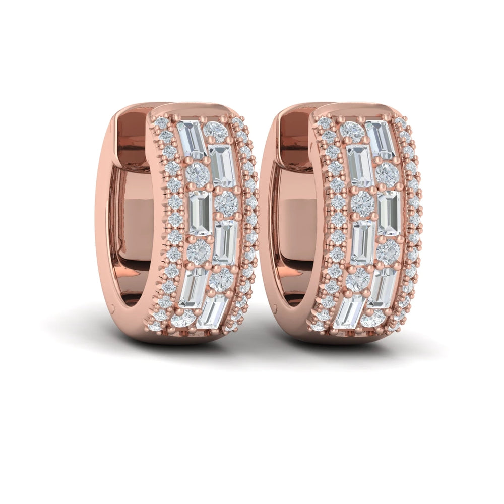 Diamond Baguette Multi Row Huggie Earrings Rose Gold