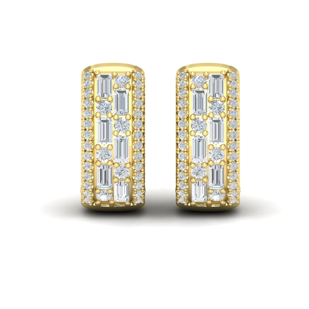Diamond Baguette Multi Row Huggie Earrings Yellow Gold