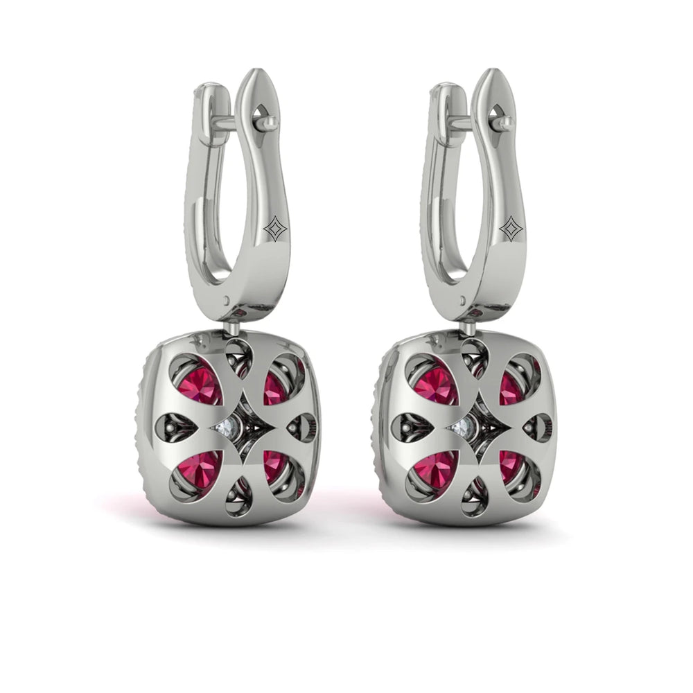 Cushion Diamond and Multi Ruby Earrings White Gold