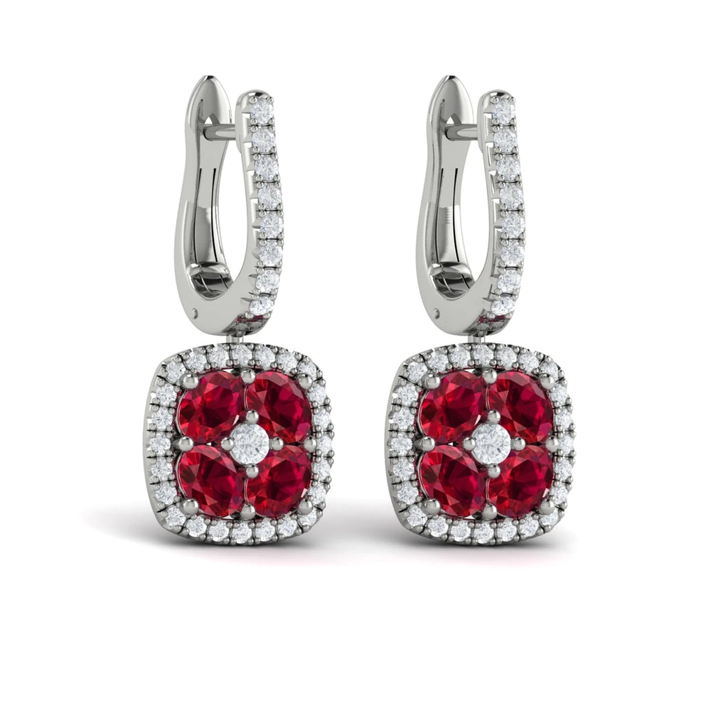 Cushion Diamond and Multi Ruby Earrings White Gold