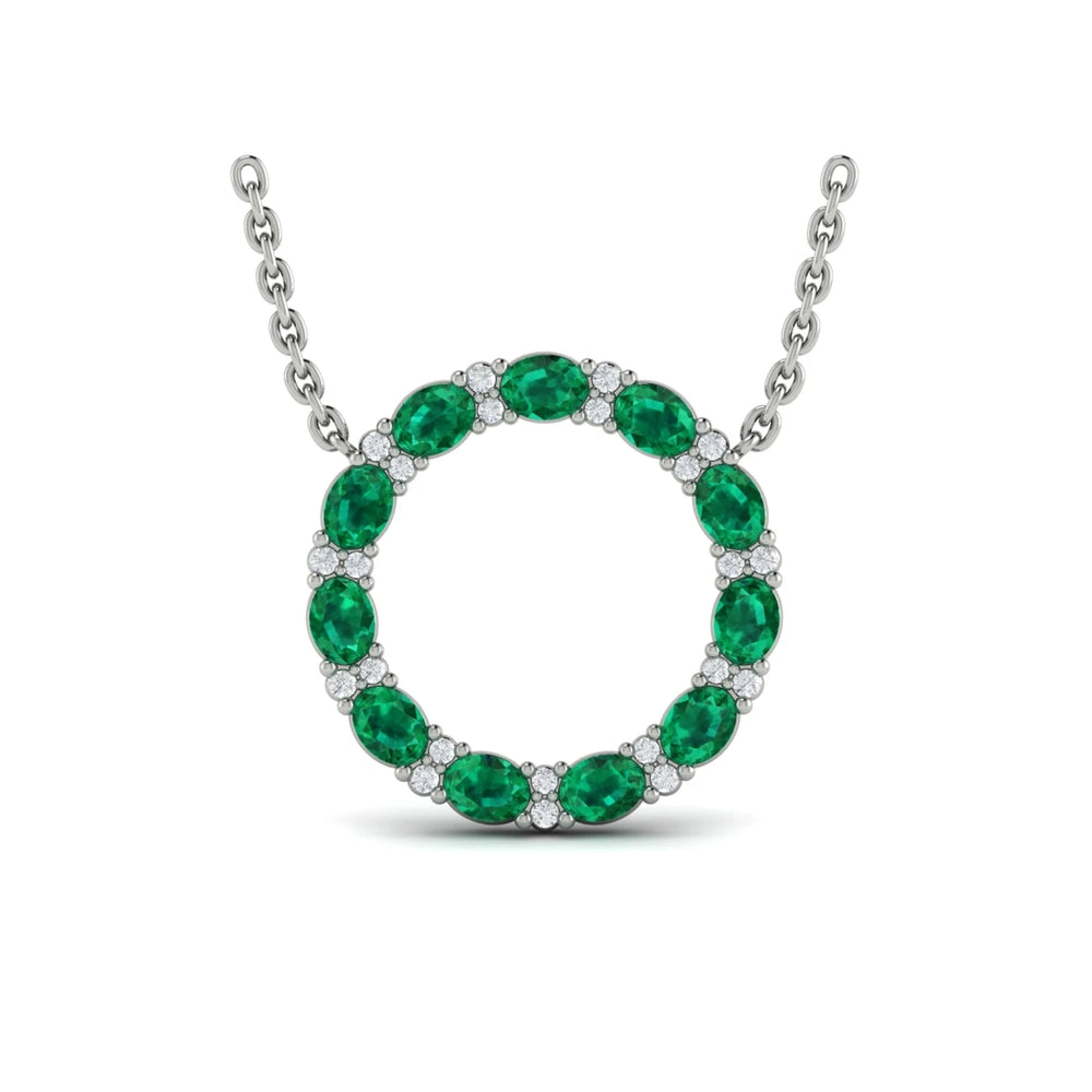 Oval Emerald and Diamond Open Circle Pendant Necklace White Gold