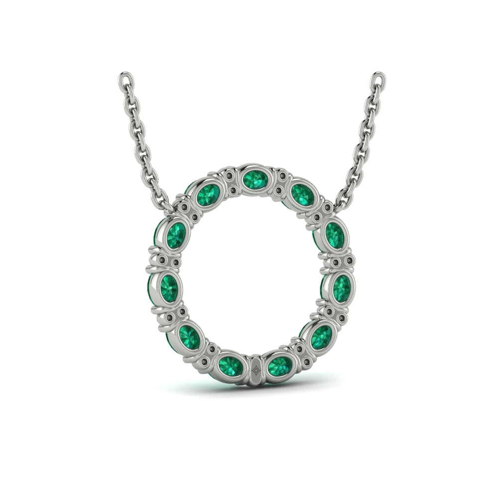 Oval Emerald and Diamond Open Circle Pendant Necklace White Gold
