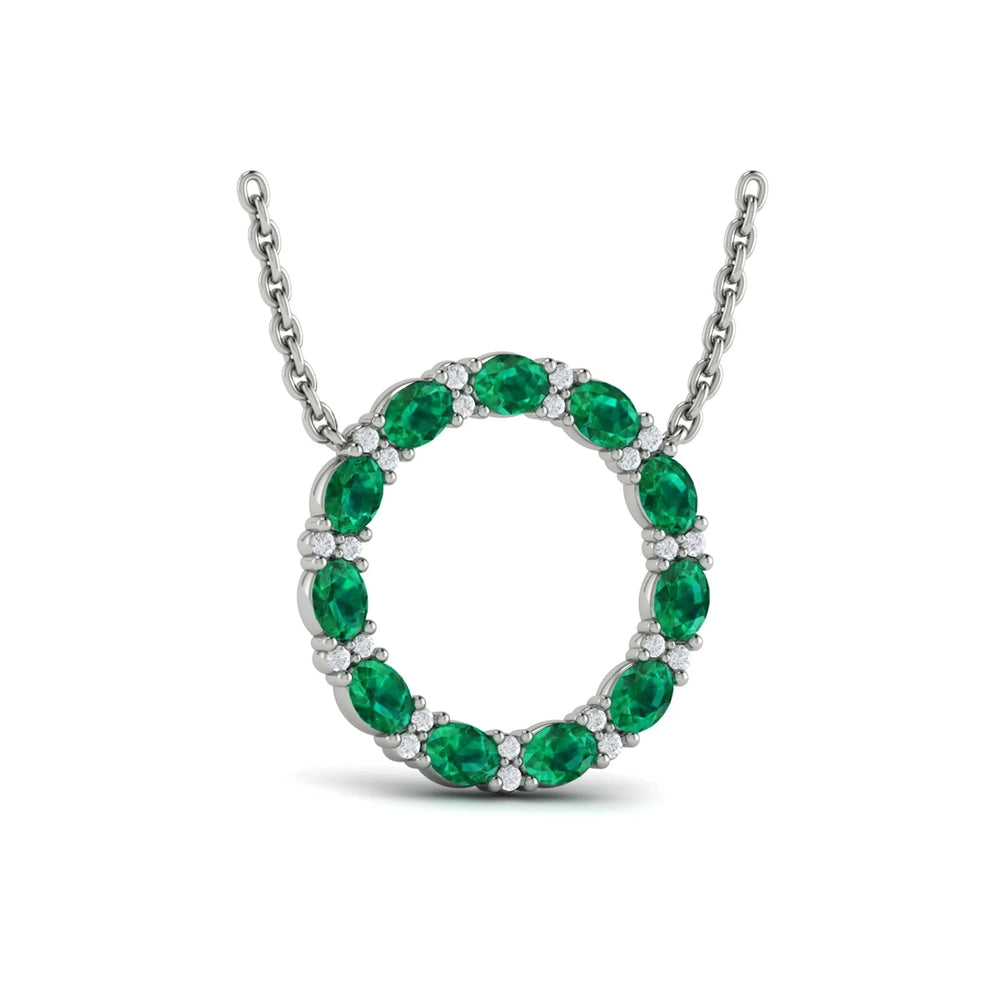 Oval Emerald and Diamond Open Circle Pendant Necklace White Gold