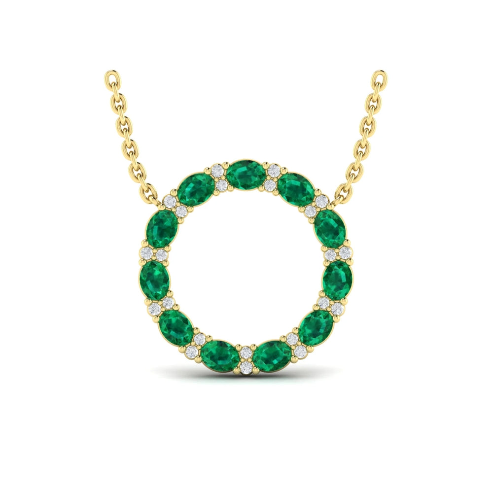 Oval Emerald and Diamond Open Circle Pendant Necklace Yellow Gold
