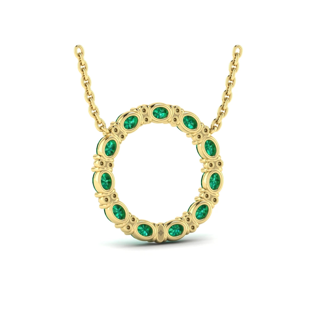 Oval Emerald and Diamond Open Circle Pendant Necklace Yellow Gold