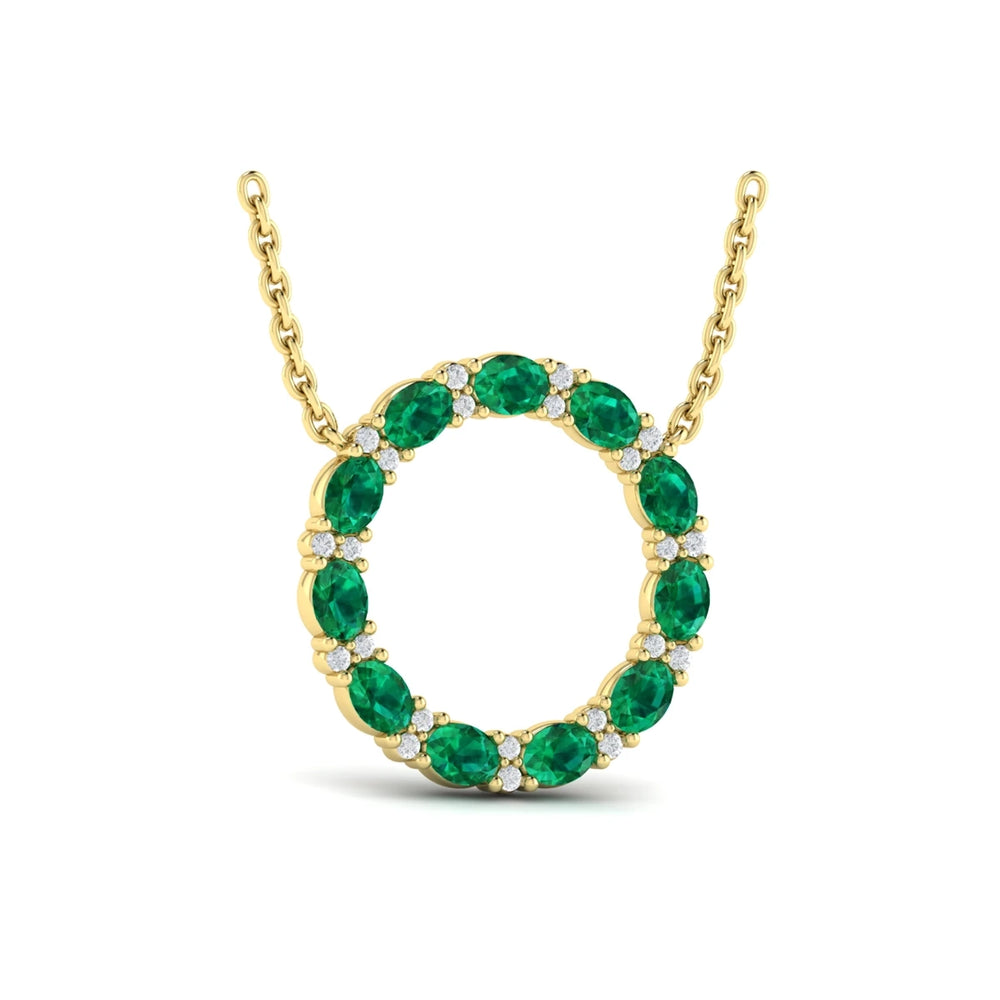 Oval Emerald and Diamond Open Circle Pendant Necklace Yellow Gold