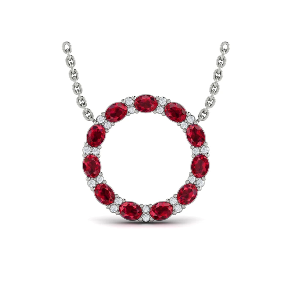Oval Ruby and Diamond Open Circle Pendant Necklace Platinum