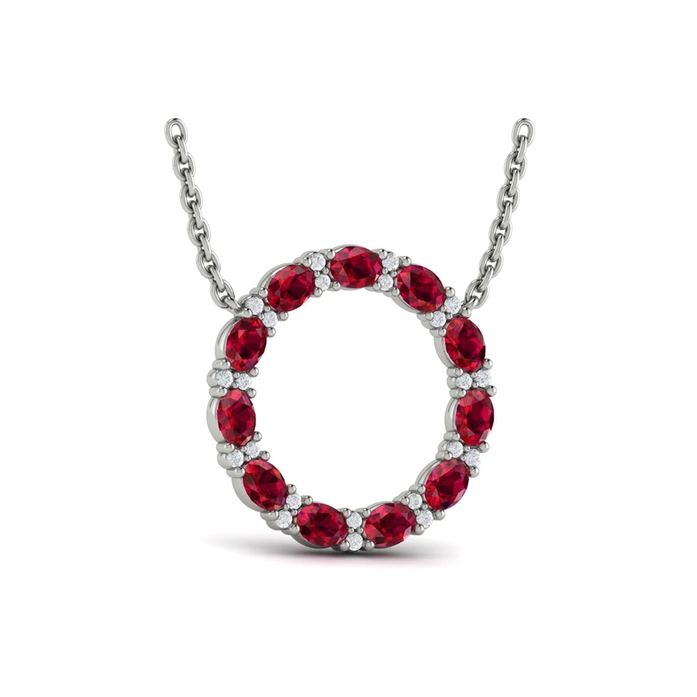 Oval Ruby and Diamond Open Circle Pendant Necklace Platinum