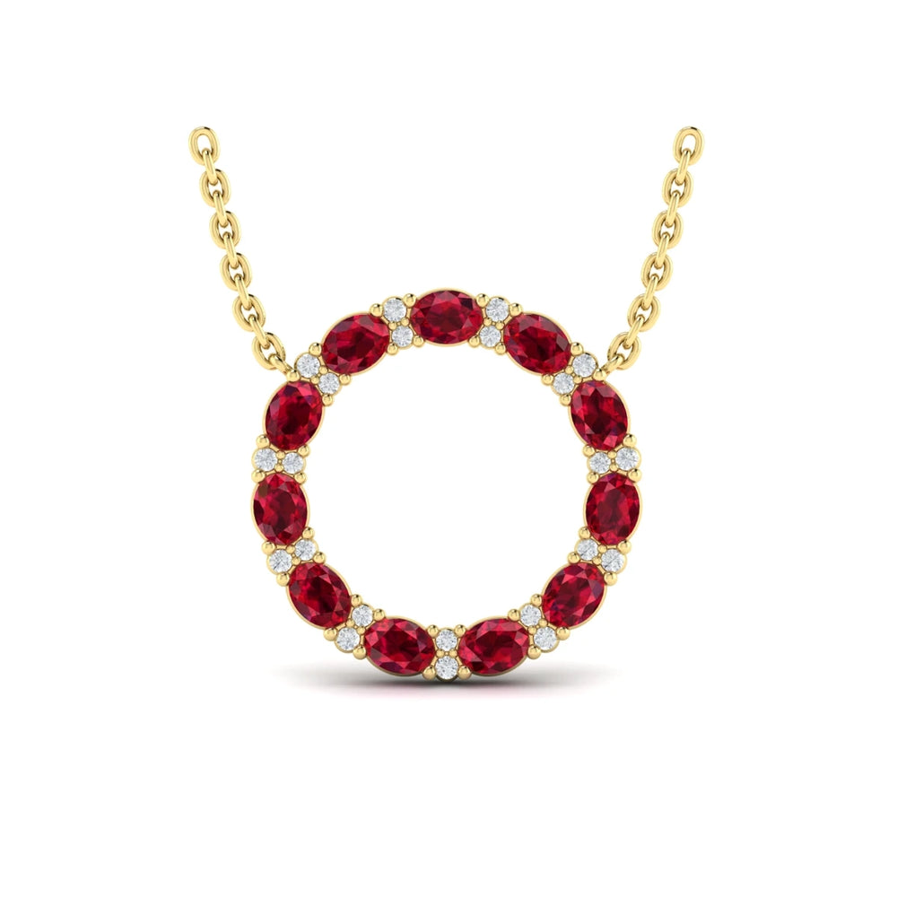 Oval Ruby and Diamond Open Circle Pendant Necklace Yellow Gold