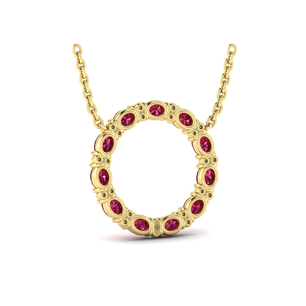 Oval Ruby and Diamond Open Circle Pendant Necklace Yellow Gold