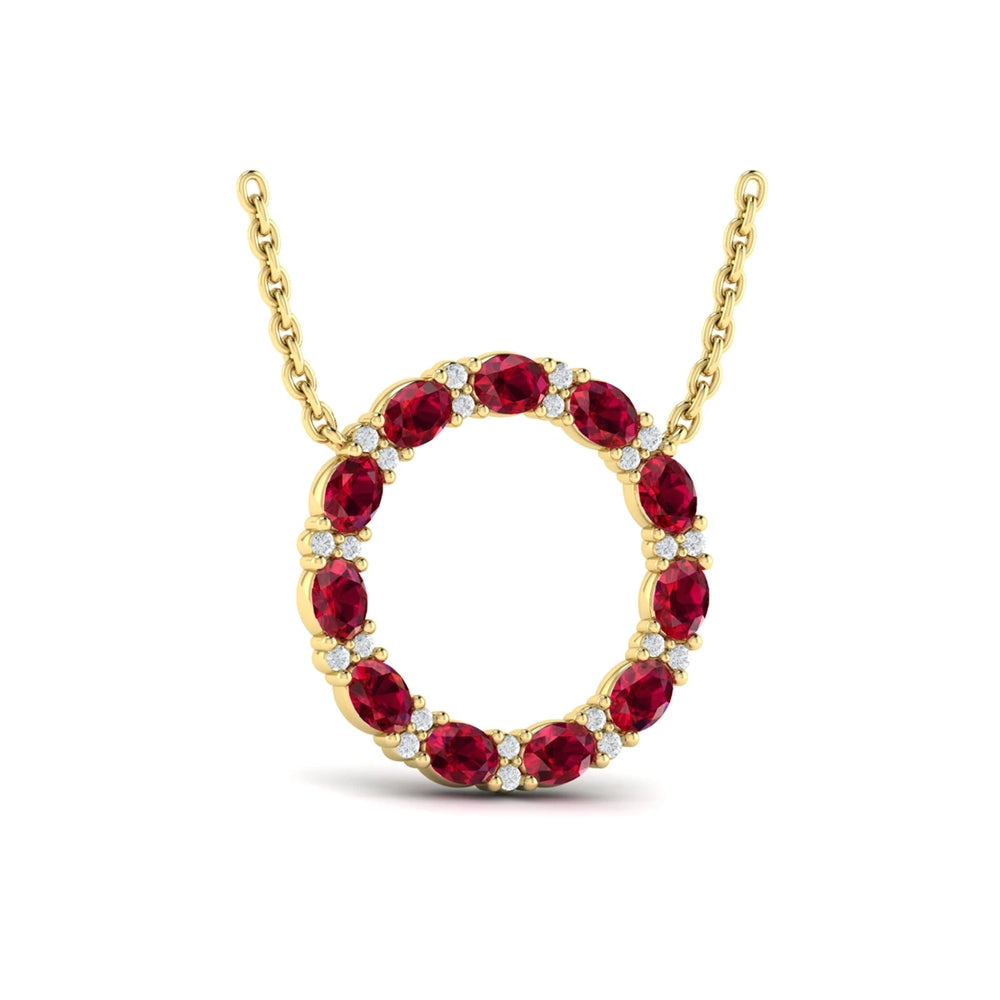 Oval Ruby and Diamond Open Circle Pendant Necklace Yellow Gold