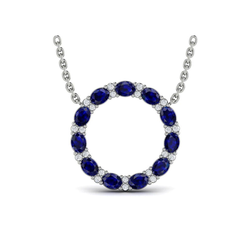 Oval Blue Sapphire and Diamond Open Circle Pendant Necklace Platinum