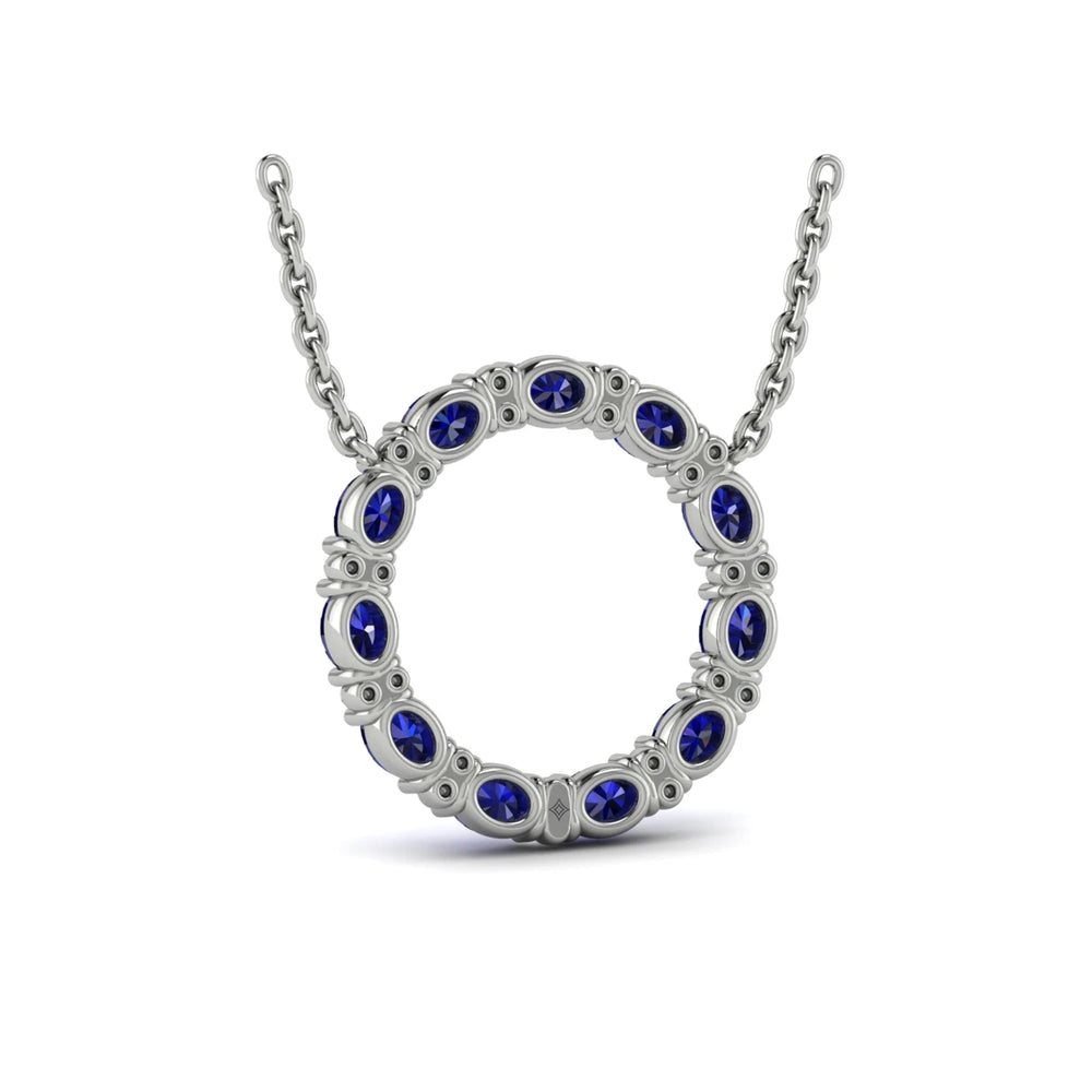 Oval Blue Sapphire and Diamond Open Circle Pendant Necklace Platinum