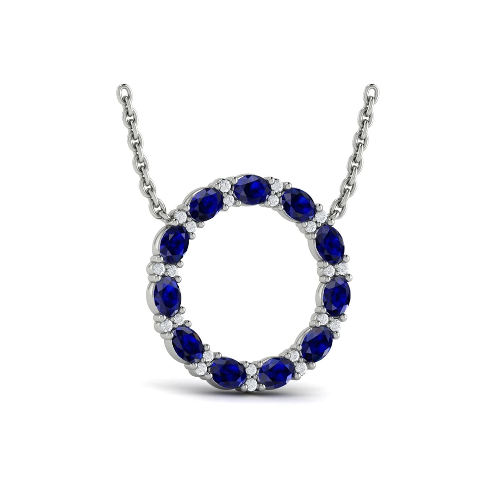 Oval Blue Sapphire and Diamond Open Circle Pendant Necklace Platinum