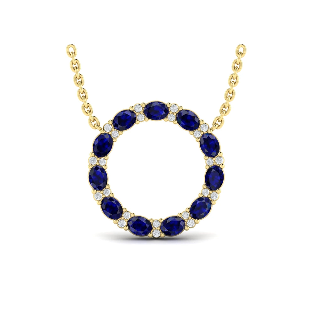 Oval Blue Sapphire and Diamond Open Circle Pendant Necklace Yellow Gold