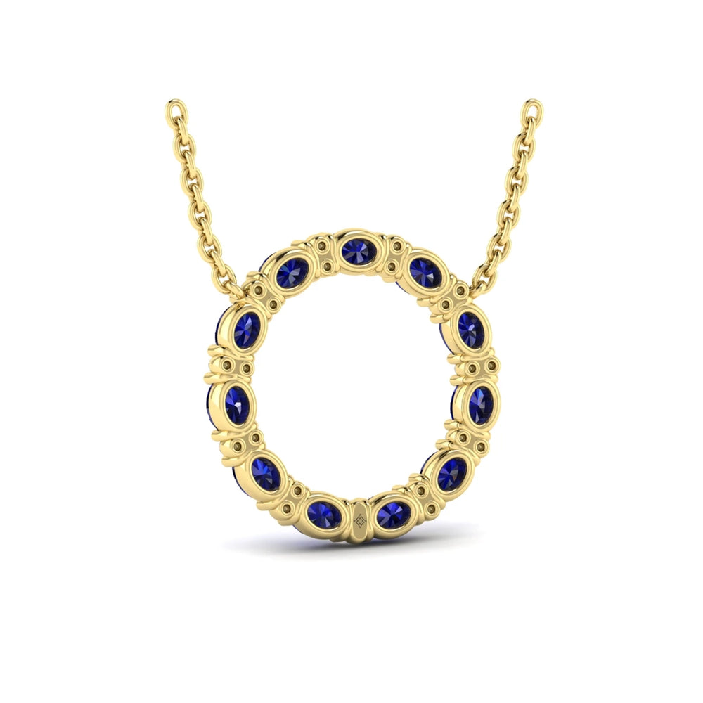 Oval Blue Sapphire and Diamond Open Circle Pendant Necklace Yellow Gold