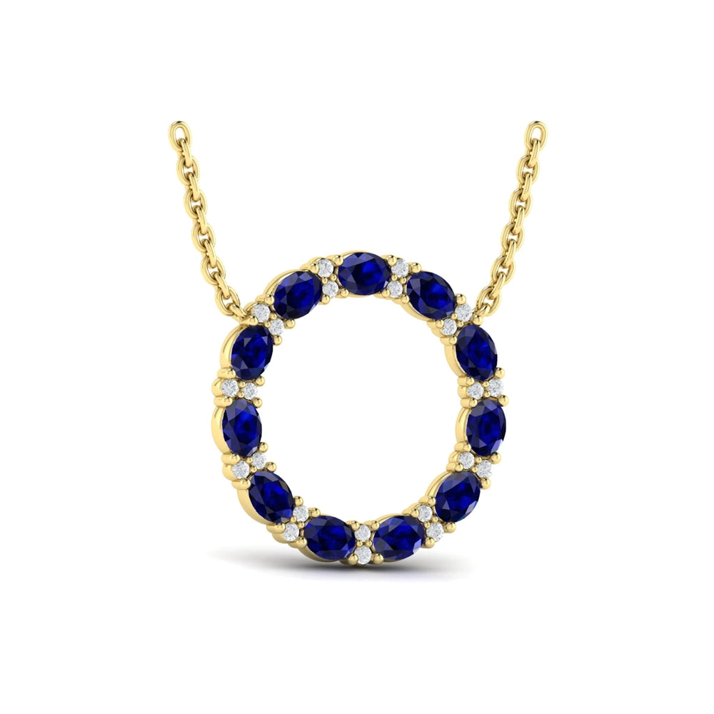 Oval Blue Sapphire and Diamond Open Circle Pendant Necklace Yellow Gold