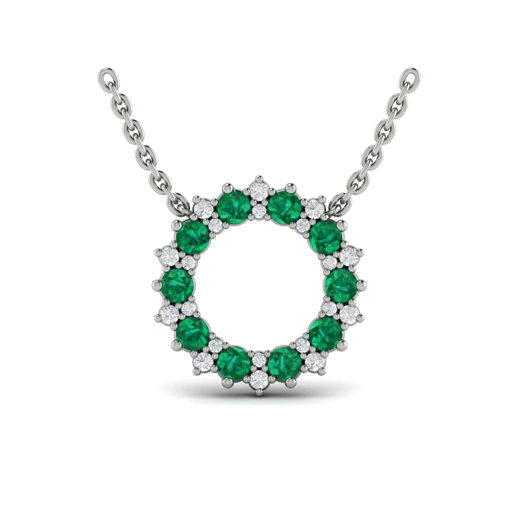 Diamond and Emerald Open Starburst Circle Pendant Necklace White Gold