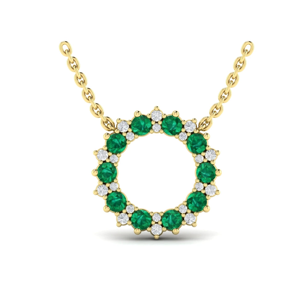 Diamond and Emerald Open Starburst Circle Pendant Necklace Yellow Gold